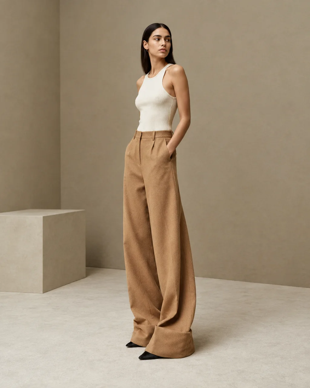 A woman standing in a minimalist neutral studio, wearing a white ribbed tank top and oversized wide-leg camel trousers.