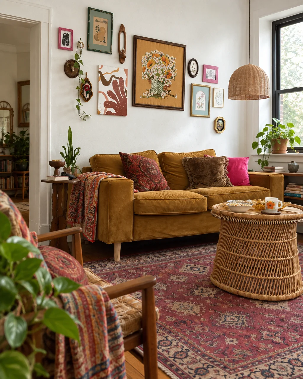 A cozy living room interior with a mustard velvet sofa, gallery wall art, vintage patterned rug, and a woven wicker coffee table.