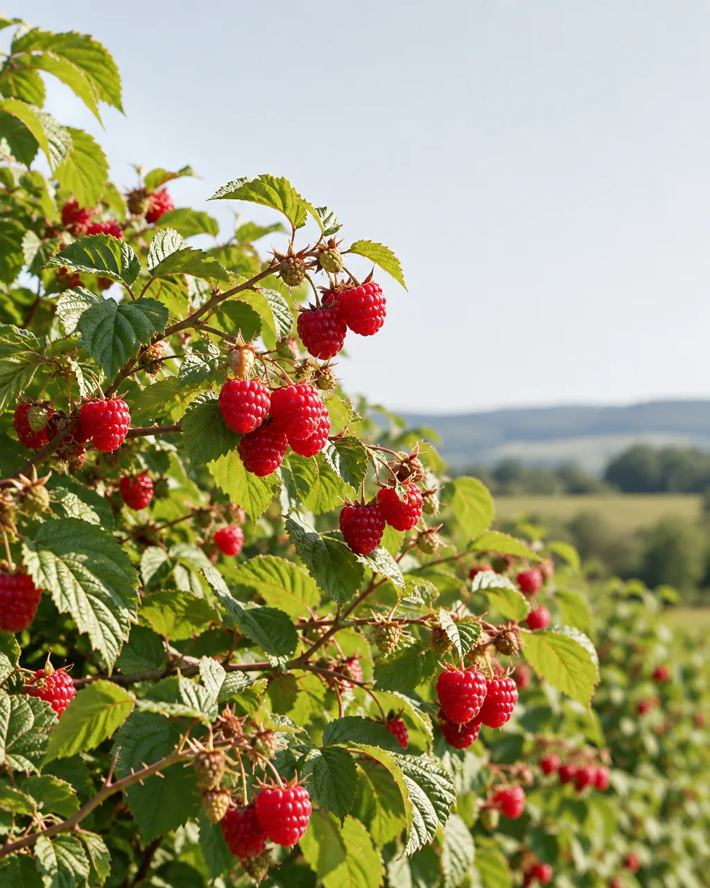 Clusters of bright red raspberries ripen on leafy green branches against a soft, sunlit country landscape.