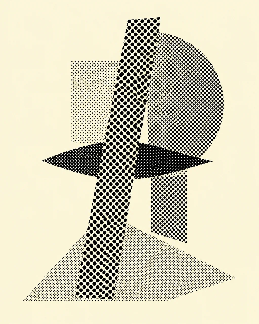 Abstract black geometric shapes composed of varying halftone dot patterns intersect across an off-white background.
