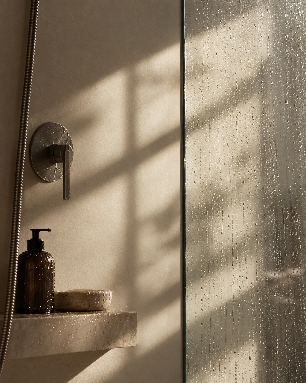 A minimalist stone shower stall with a pump bottle on a marble shelf, illuminated by warm sunlight through a wet glass door.