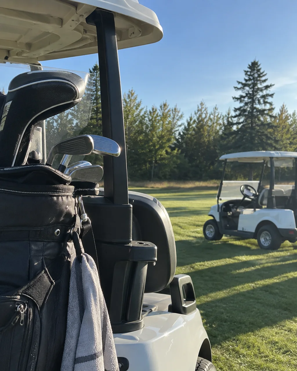 A golf bag with irons sits in the back of a cart parked on a grassy fairway bordered by pine trees in sunlight.