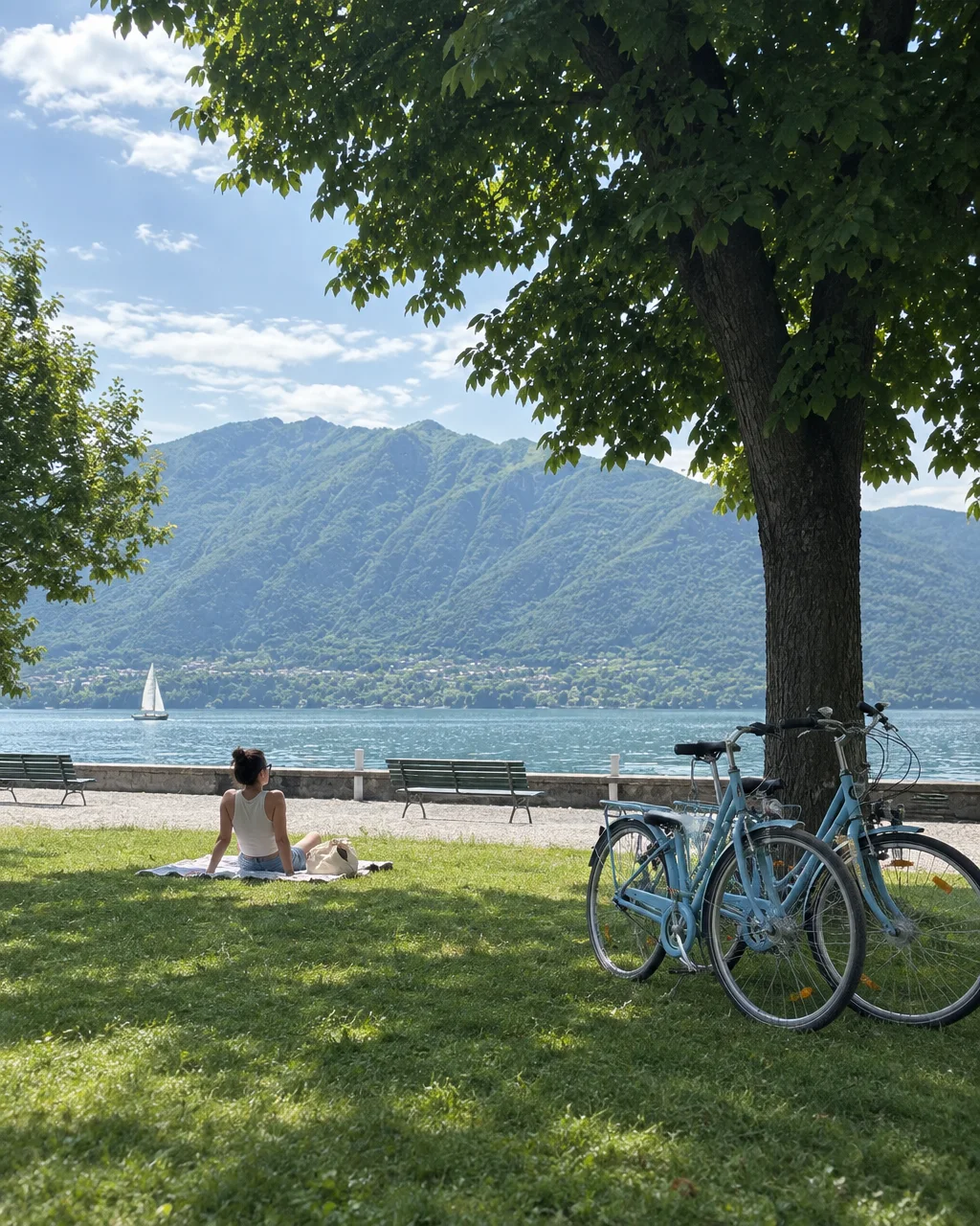 A woman relaxes on a blanket on the grass beside two blue bicycles, gazing out at a serene mountain lake with a sailboat.