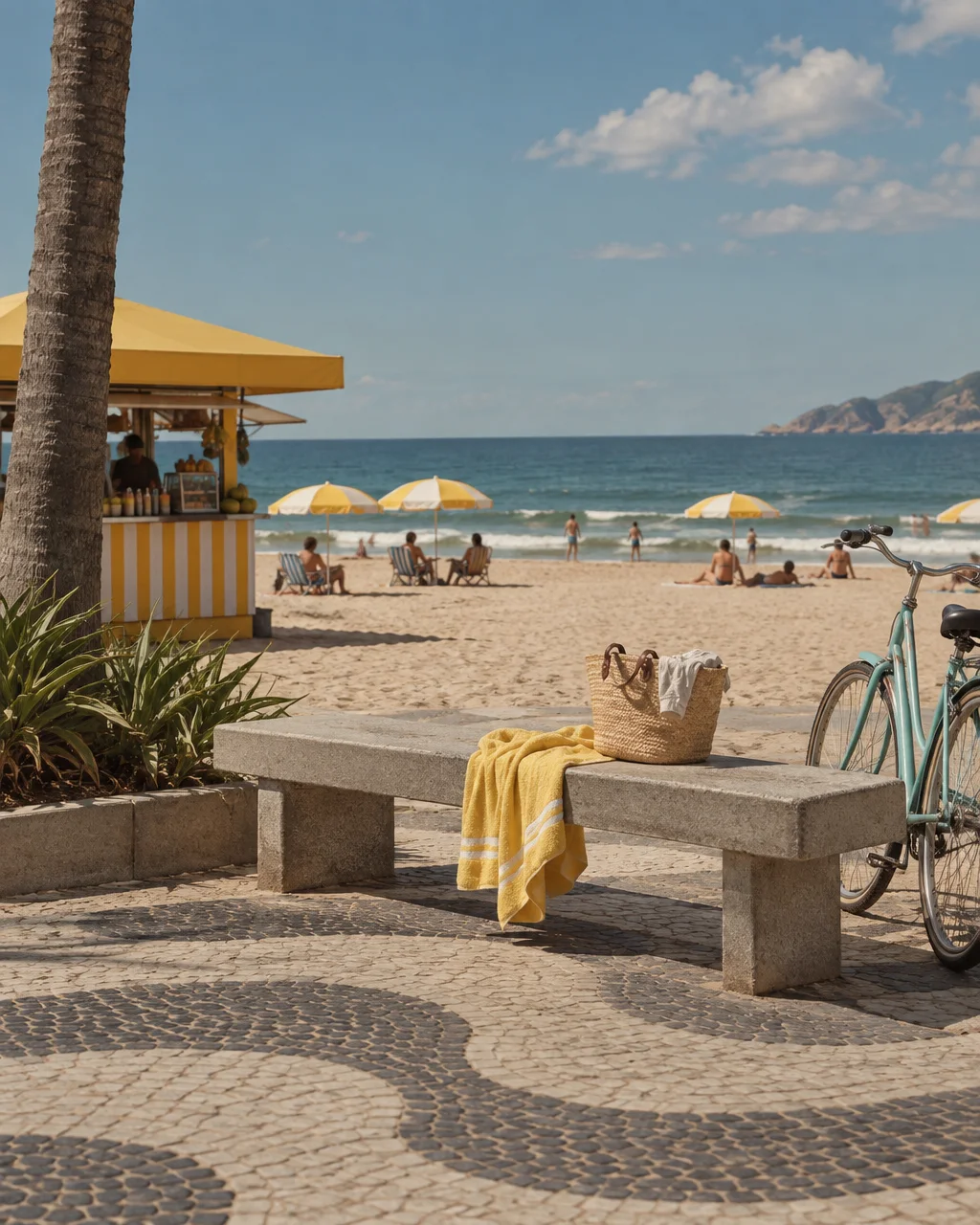 A woven tote bag and yellow towel rest on a stone promenade bench overlooking a sunlit beach with yellow umbrellas.