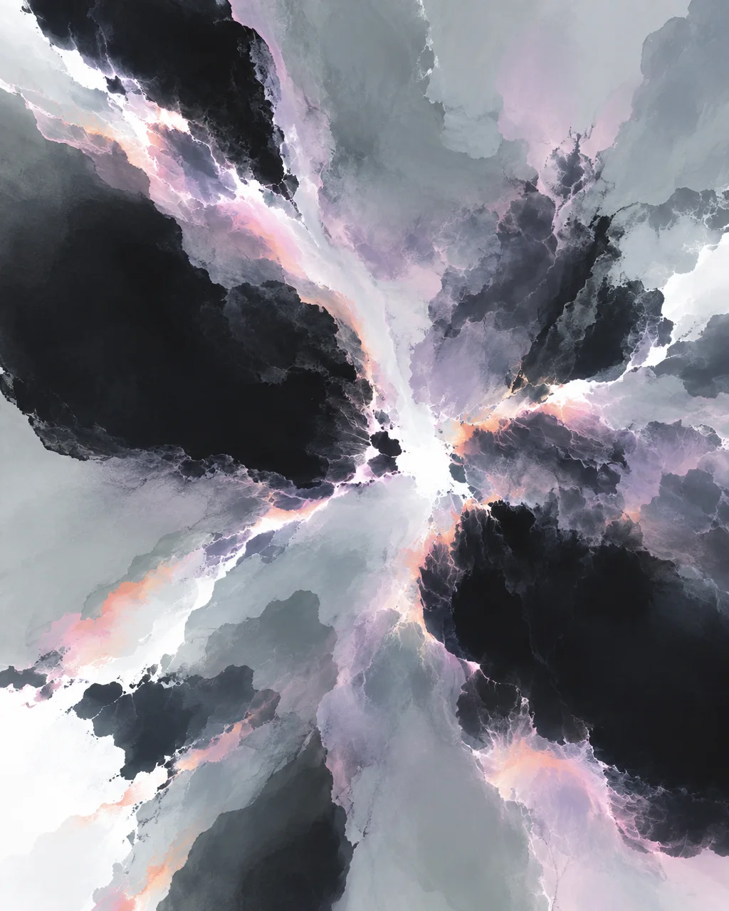 Abstract billows of charcoal smoke and ink radiate outwards with soft pink and glowing white edges.