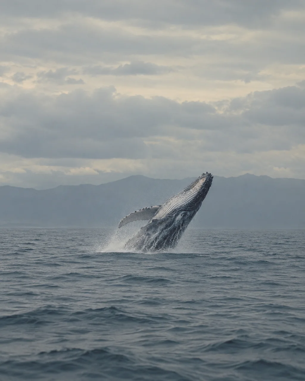 A humpback whale leaps high out of dark ocean water against a backdrop of distant mountains and soft overcast skies.