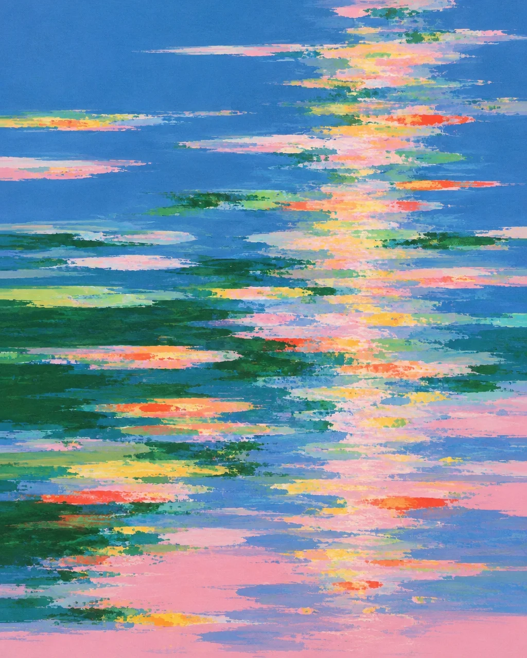 An abstract painting of textured horizontal brushstrokes in pink, blue, green, and yellow evoking sunlight reflecting on water.