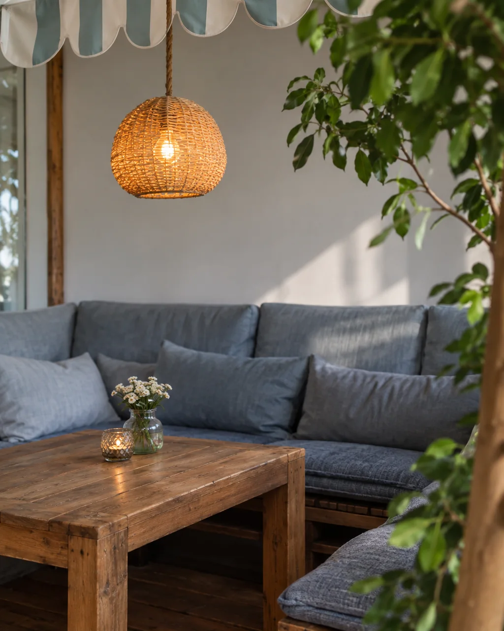 A warm woven pendant lamp hangs above a rustic wooden coffee table and blue cushioned corner seating in soft sunlight.