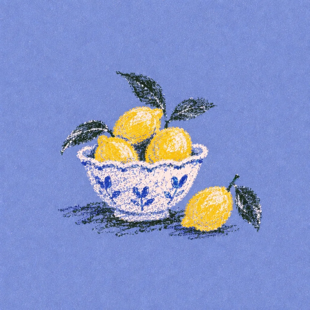 A textured illustration of bright yellow lemons with dark leaves resting in a blue and white ceramic bowl against a periwinkle backdrop.