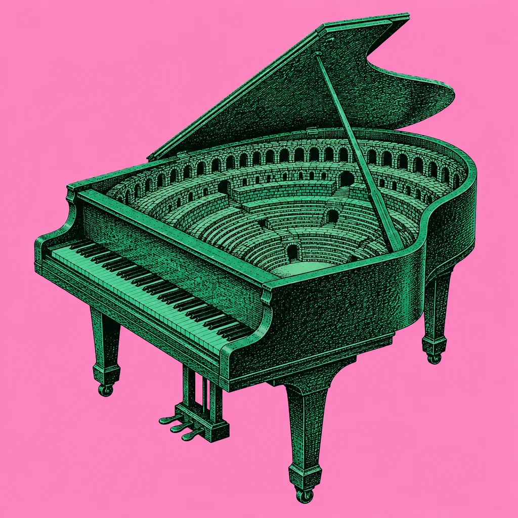 A green engraved illustration of a grand piano opening to reveal a classical stone amphitheatre inside, set against a vibrant pink background.