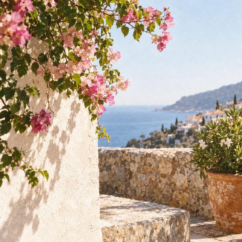 Pink bougainvillea vines drape over a sunlit stone terrace overlooking a blue sea and distant coastal village.