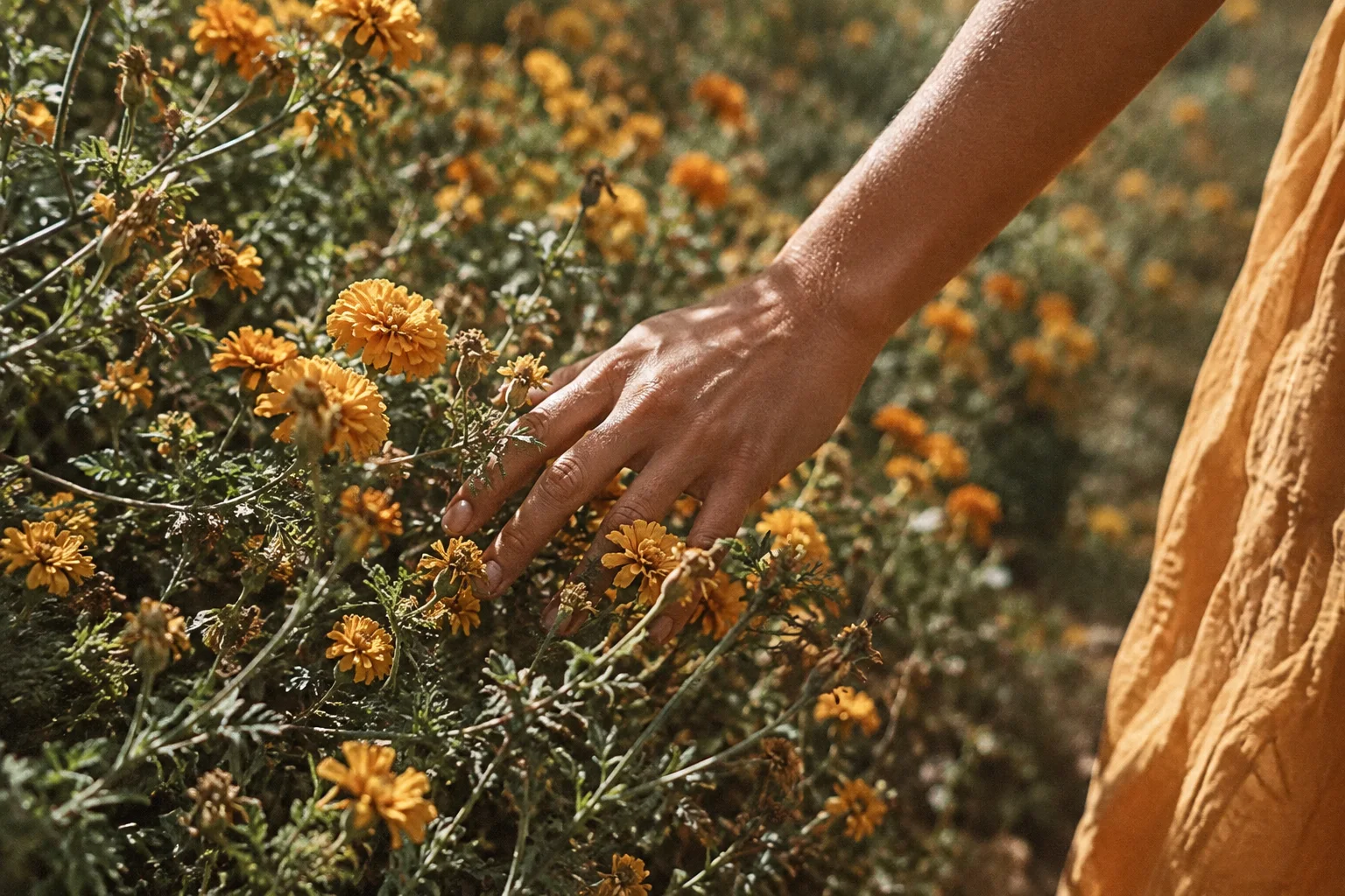 A sunlit hand gently grazes blooming yellow marigolds in a lush garden beside textured ochre fabric.