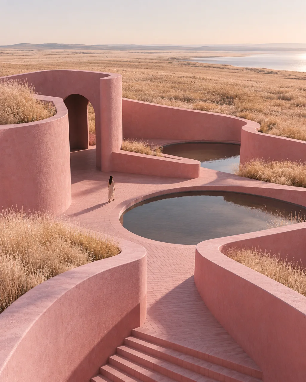 A solitary figure walks through a curving pink stucco pavilion with circular pools, set against a sunlit golden grassland.
