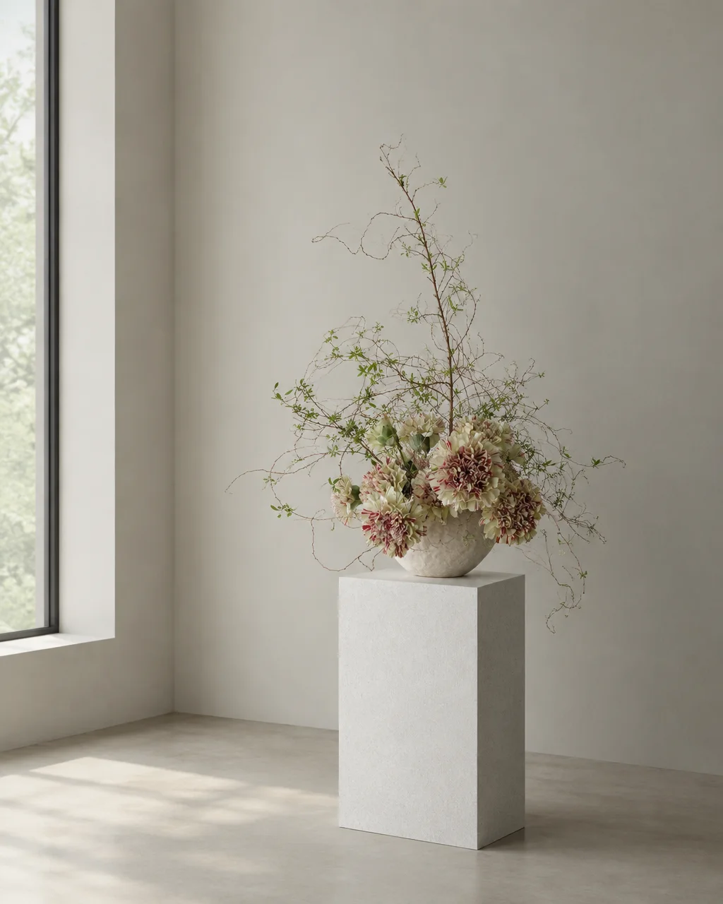 A delicate floral arrangement with variegated blooms and wild branches sits atop a white pedestal in a minimalist sunlit room.