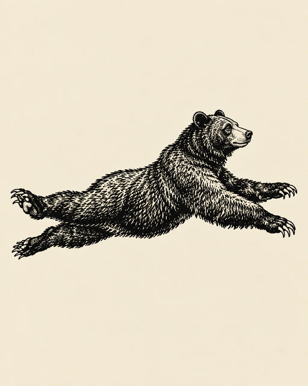A vintage black ink woodcut illustration of a brown bear leaping mid-air against a solid cream background.