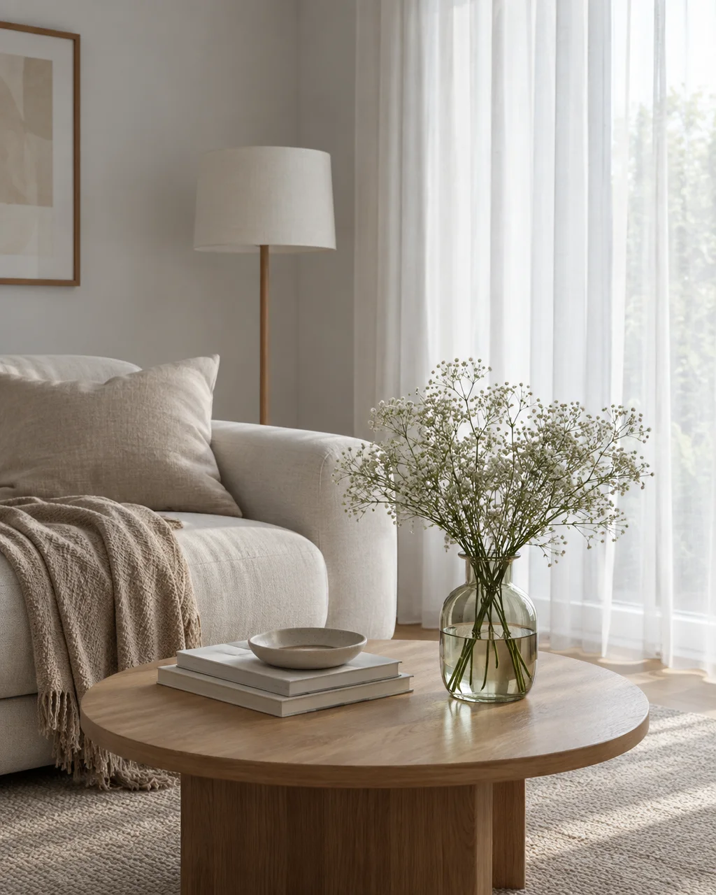 A glass vase of delicate flowers and stacked books on a round wooden coffee table in a bright, neutral living room.
