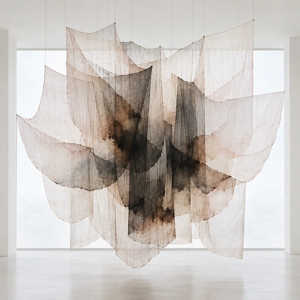 A large-scale installation of layered, ink-stained translucent fabrics suspended in a bright, minimalist gallery space.