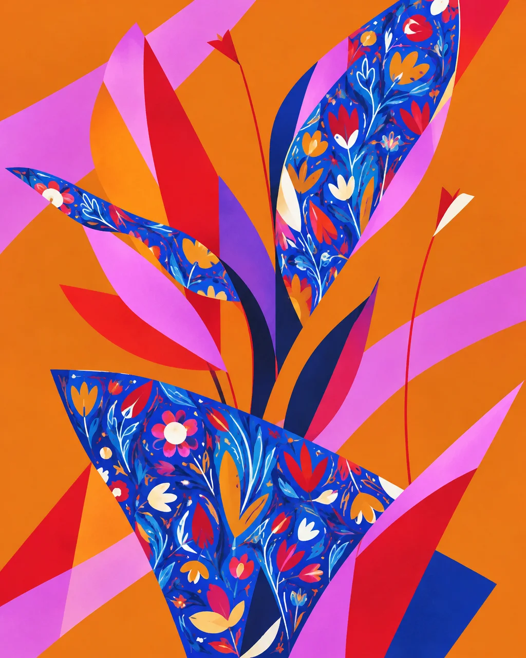 A stylized graphic illustration of foliage layered with intricate blue folk floral patterns and bold geometric shapes on an orange background.