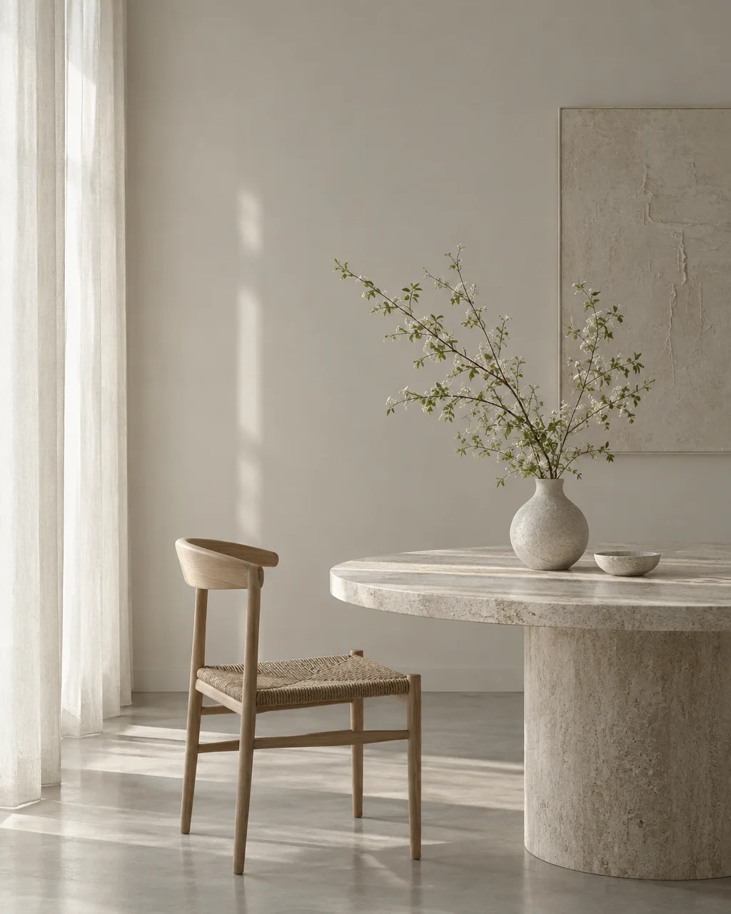 A round stone dining table paired with a woven wooden chair stands in a minimalist room lit by soft window sunlight.