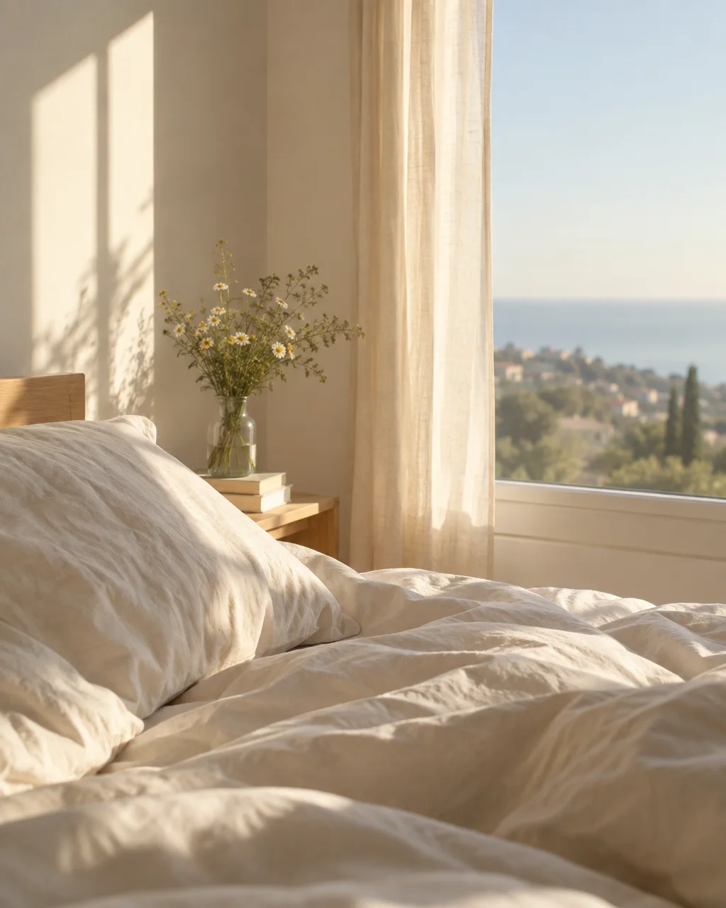Sunlight falls across a rumpled linen bed next to a vase of wildflowers beside a window overlooking a scenic coastal landscape.