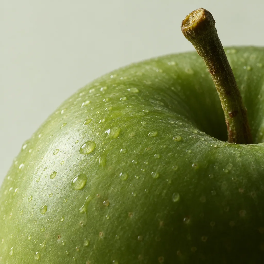A close-up of a crisp green apple covered in fine water droplets, showing its textured skin and woody stem against a pale background.