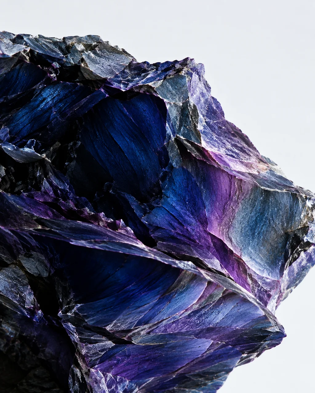 A macro close-up of an iridescent mineral showing deep purple and blue layered crystal facets against a plain white background.