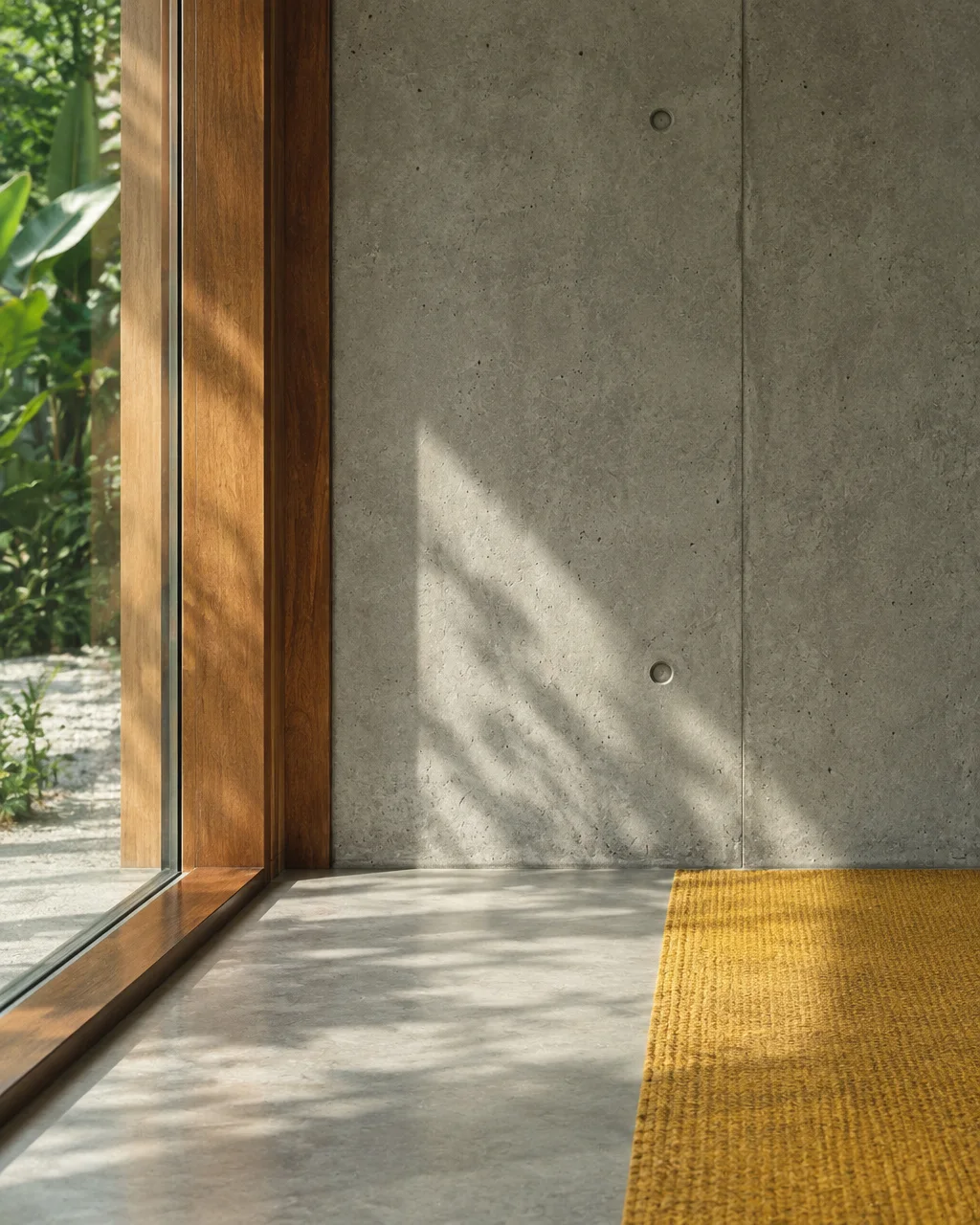 Sunlight filters through a wooden window frame onto a raw concrete wall and a textured yellow rug on a polished floor.