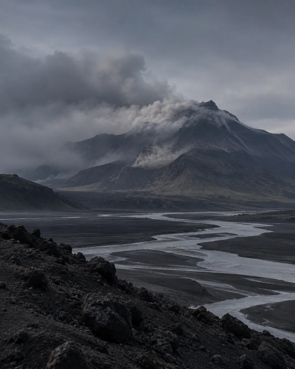 A silvery braided river cuts across a dark volcanic plain toward rugged mountain peaks enveloped in dense storm clouds and steam.