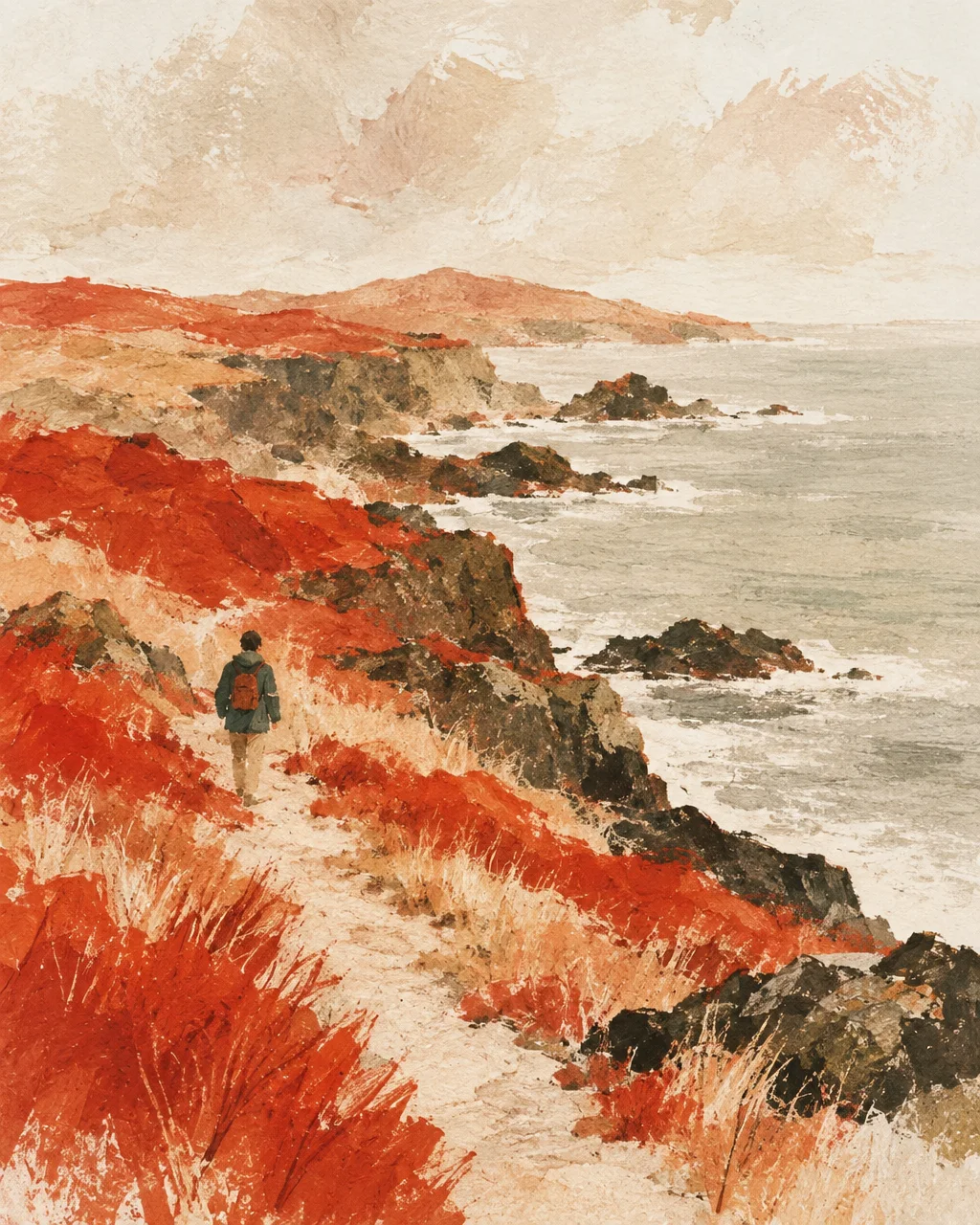 A lone hiker with a backpack walks along a rugged coastal path covered in vibrant red vegetation overlooking a turbulent sea.