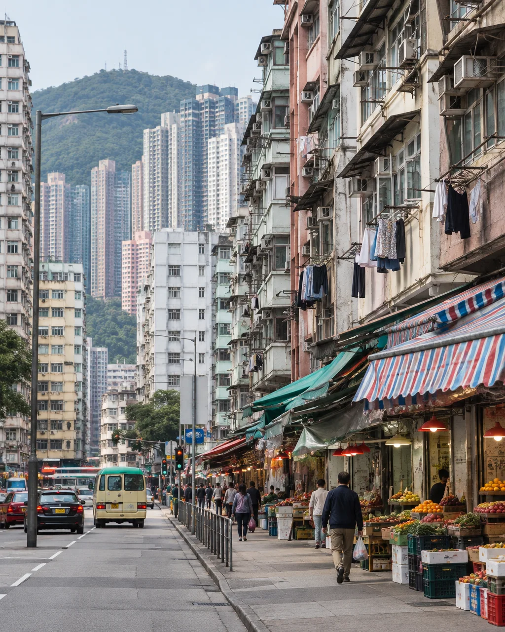 Pedestrians walk past sidewalk fruit stalls beneath densely stacked residential apartments with distant mountain towers rising in the background.