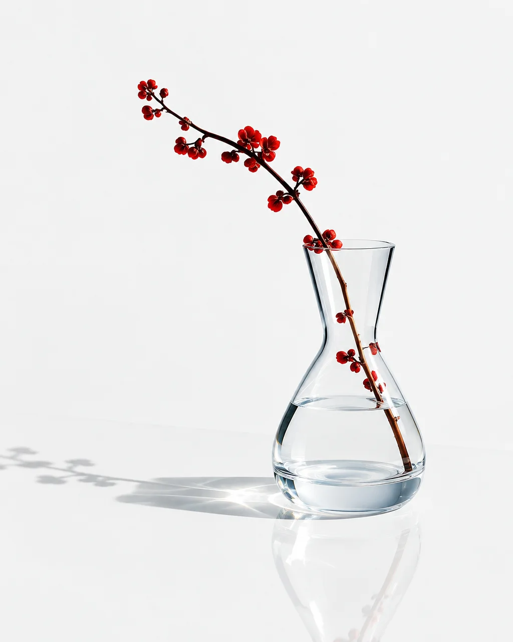 A delicate branch with small red blossoms sits in a clear glass carafe of water over a reflective white surface.