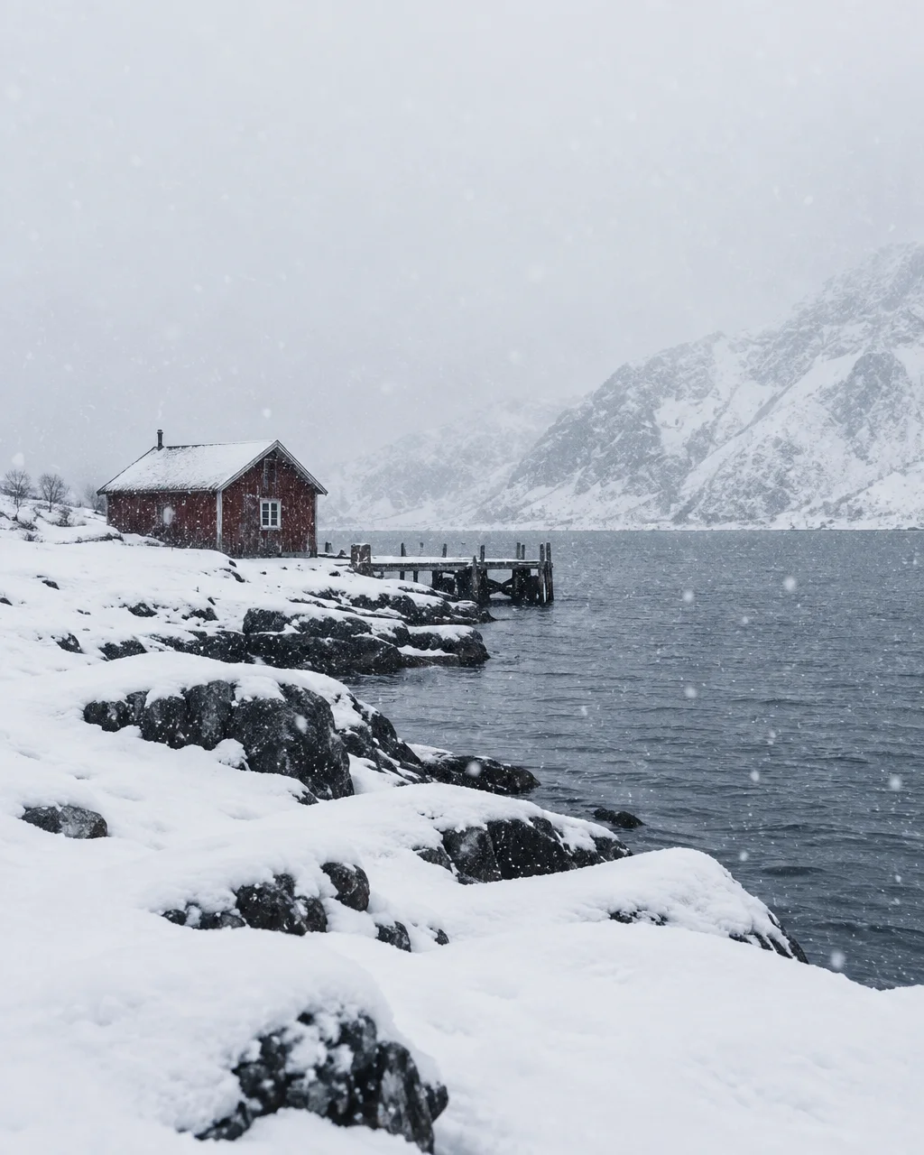 A small red wooden cabin sits on a snow-covered rocky coast beside cold water during a quiet winter snowfall.