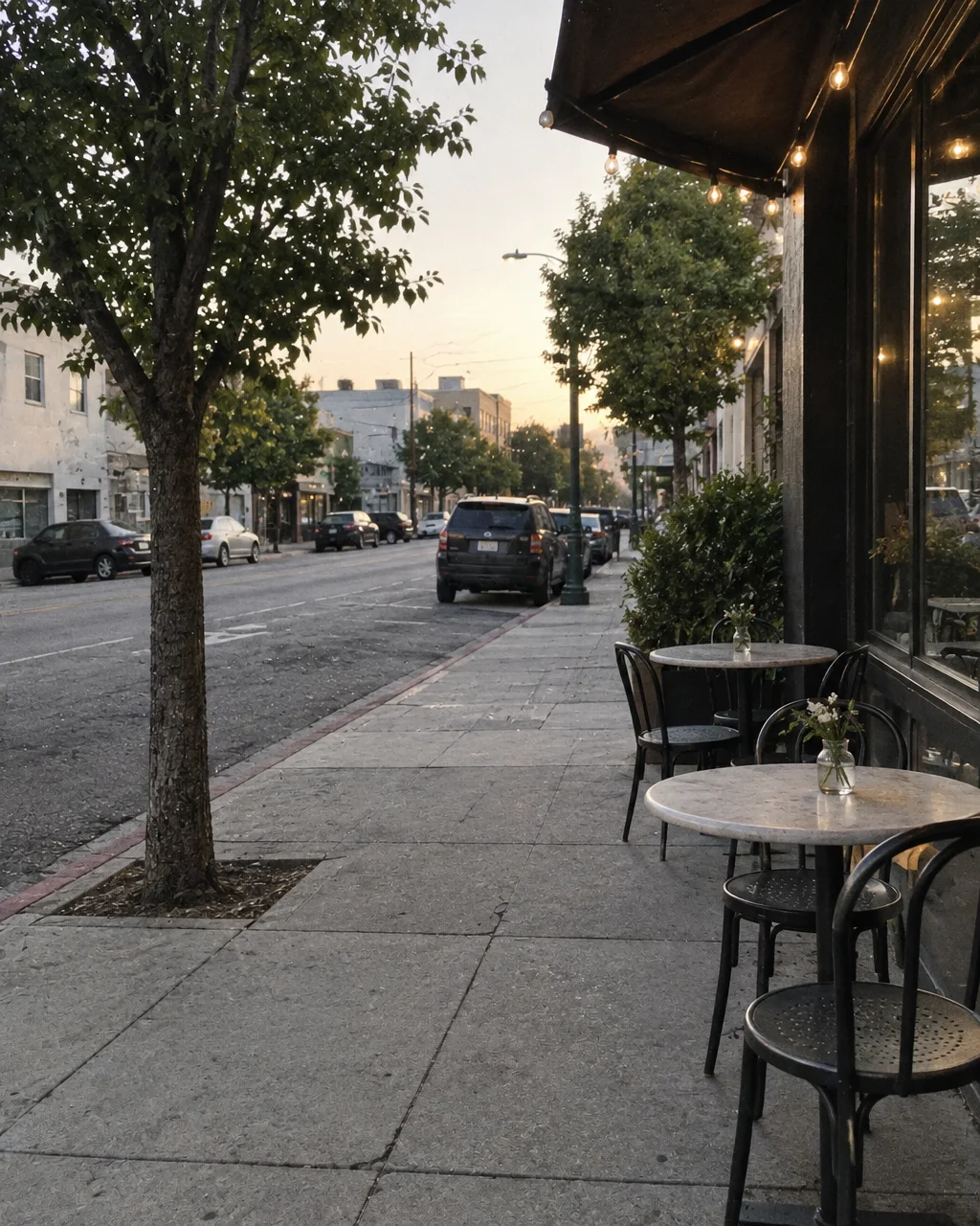 Outdoor sidewalk cafe tables and chairs along a quiet urban street under warm string lights at dusk.