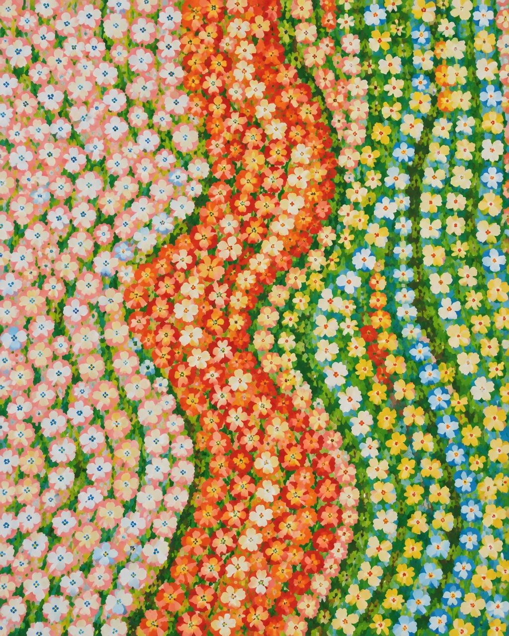 A vibrant painting of tiny flowers densely arranged into undulating ribbons of pink, orange, yellow, and blue hues.