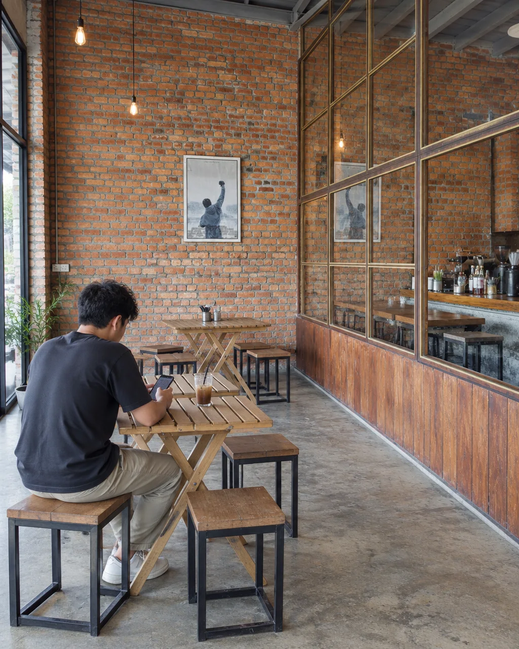 A young man sits alone at a wooden table in an industrial brick cafe, looking at his phone beside an iced drink.