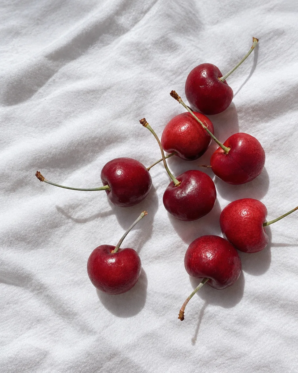 A cluster of glossy red cherries with slender stems resting on a textured white linen fabric under bright sunlight.