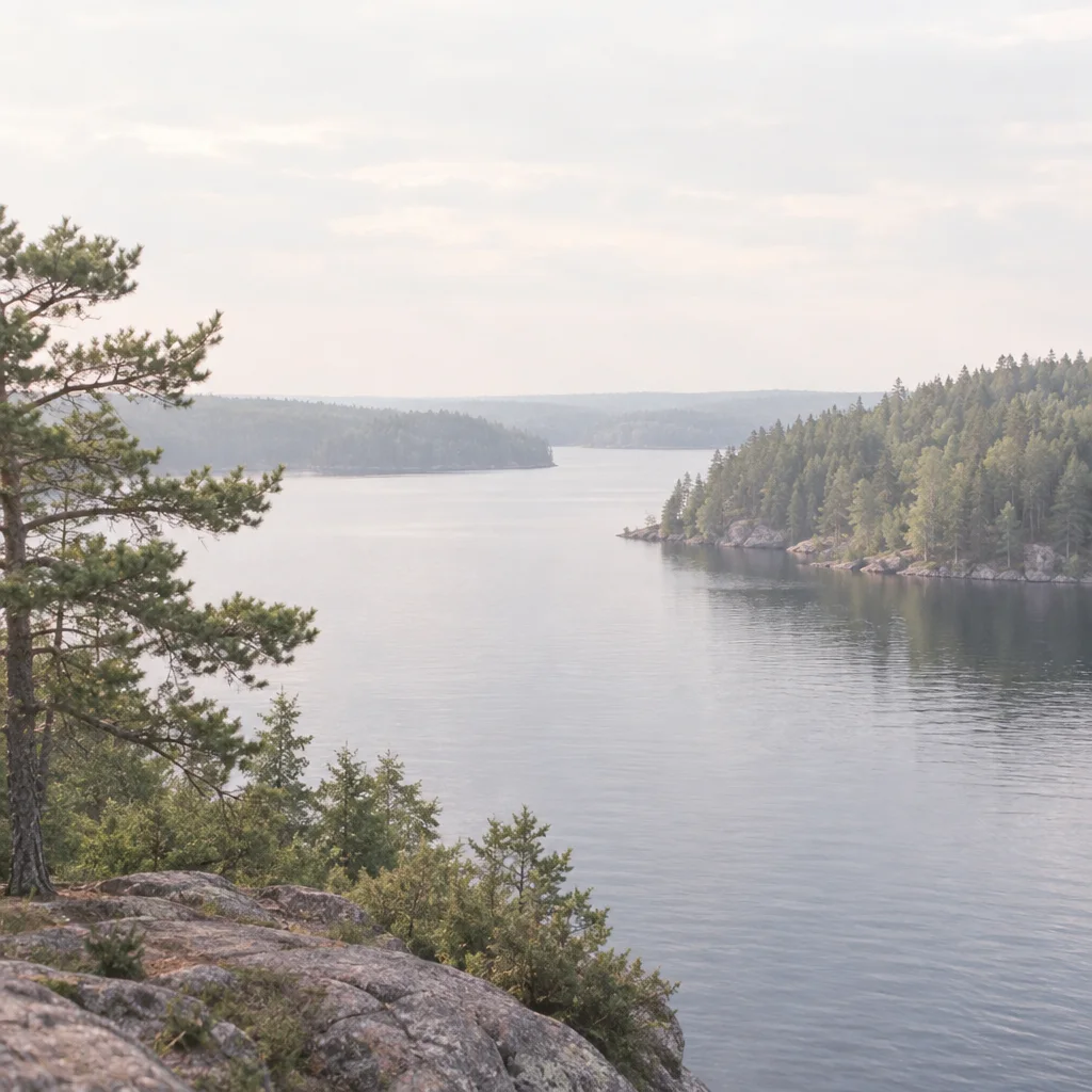 A calm lake framed by rocky cliffs and pine forest shores under a soft, hazy sky.