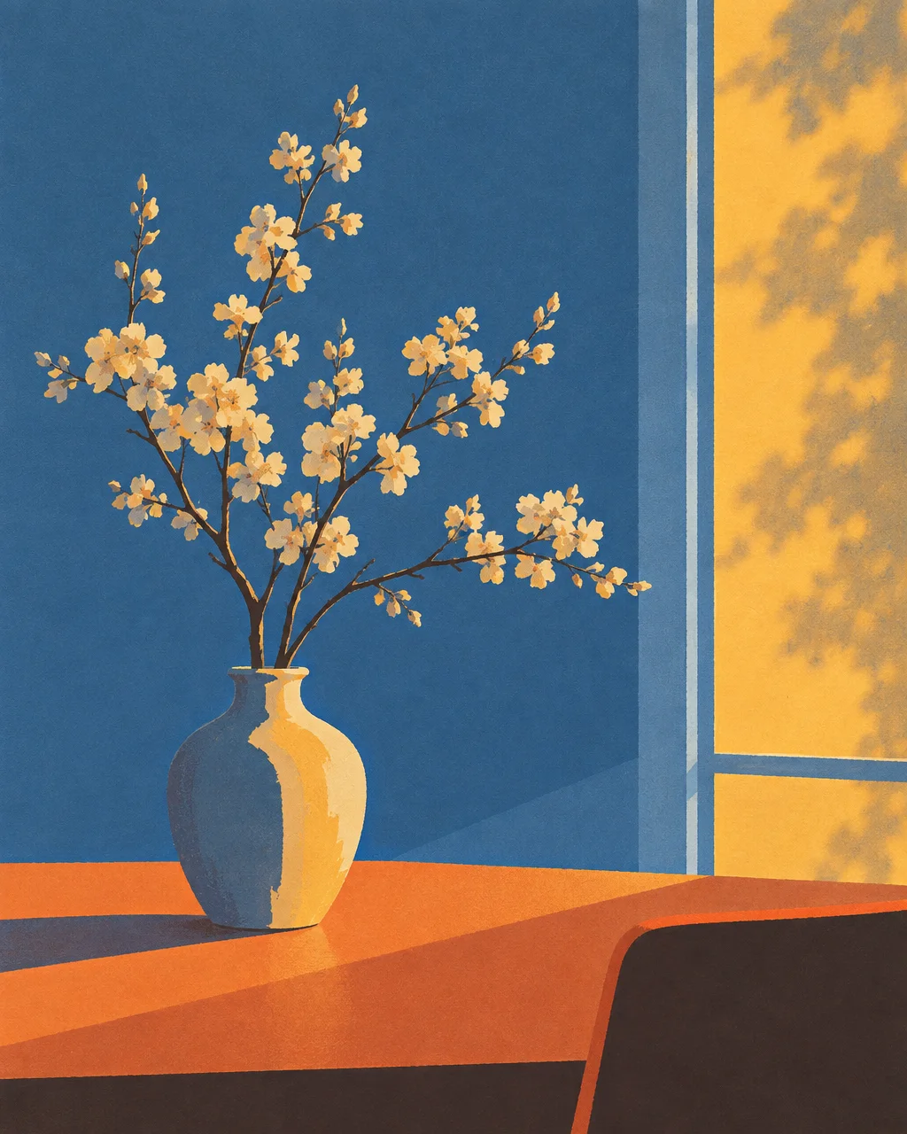 An illustration of blooming branches in a ceramic vase, bathed in warm geometric sunlight beside a window against a rich blue wall.