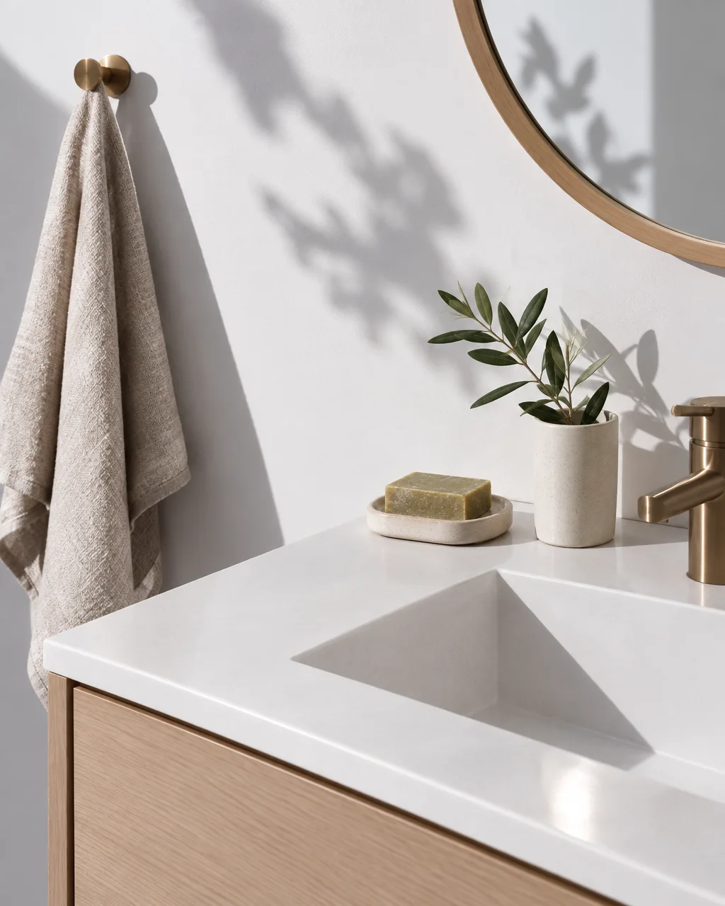 A minimalist bathroom vanity with a brass faucet, bar soap on a ceramic dish, and an olive sprig cast in soft sunlight and leaf shadows.
