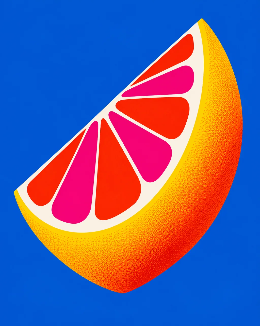 A graphic illustration of a stylized citrus slice featuring bold red and pink segments with a textured peel against a solid blue background.