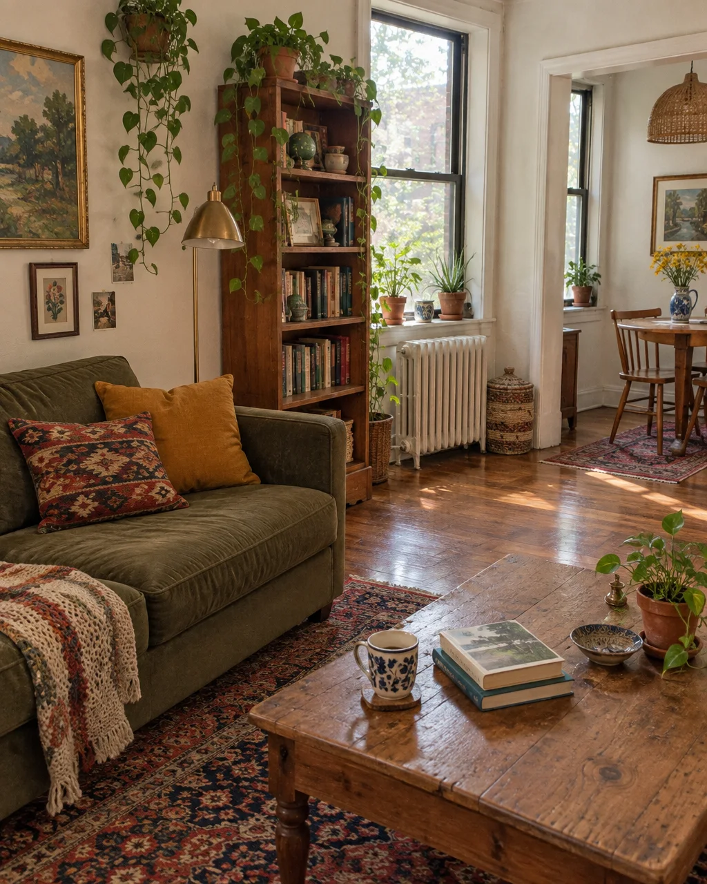 A cozy, vintage-styled living room with an olive green sofa, wooden coffee table, oriental rug, and abundant houseplants in warm natural light.