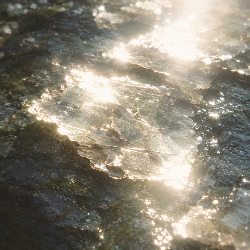A translucent sheet of mica reflects bright, warm sunlight against a dark, textured rock surface.