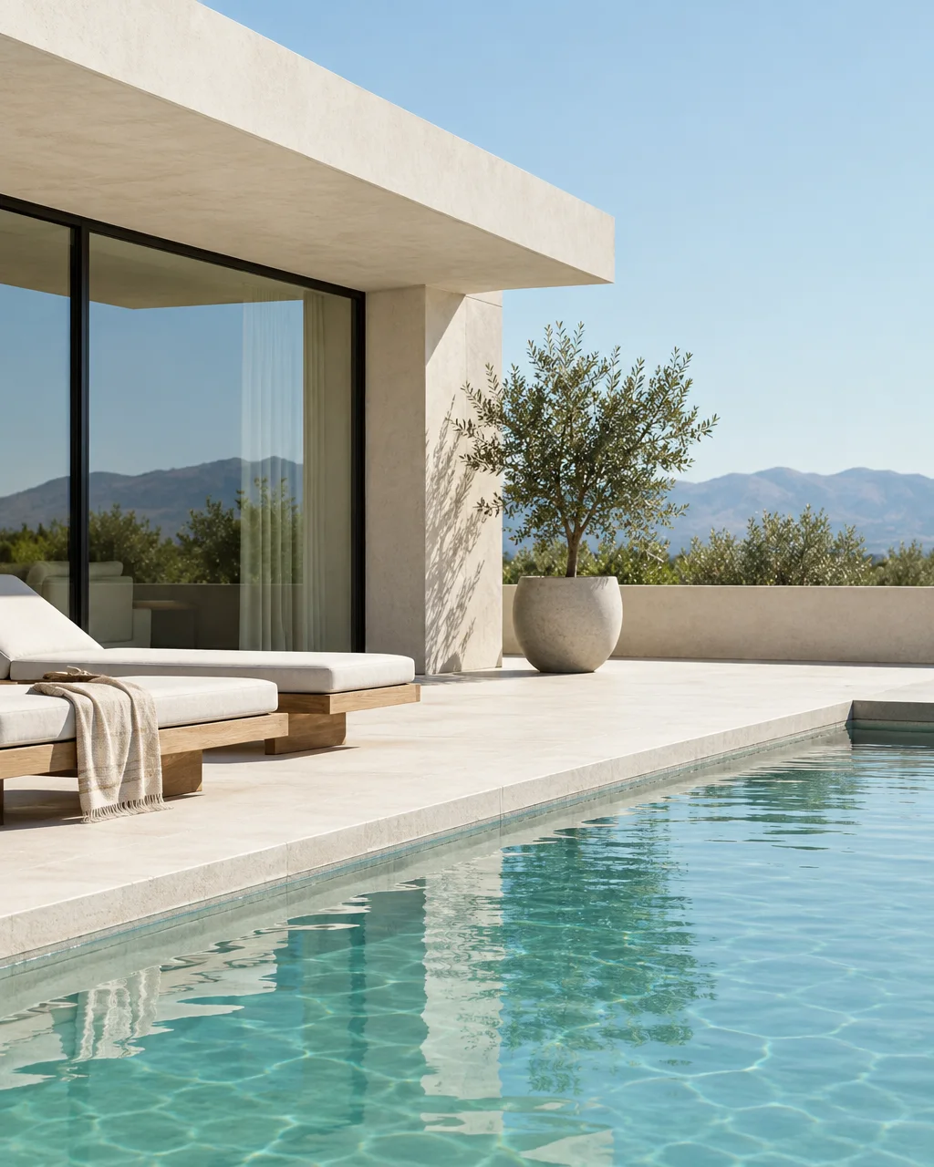 Wooden sun loungers and a potted olive tree sit beside a calm swimming pool on a modern limestone terrace facing distant mountains.