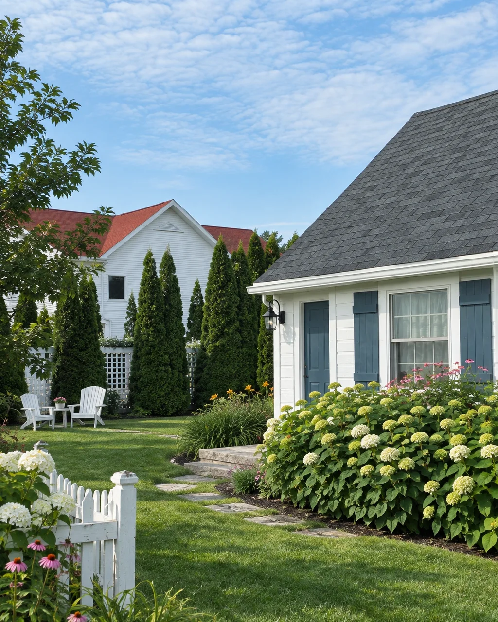 A lush summer garden with blooming hydrangeas and a stone path leading past a white clapboard cottage.