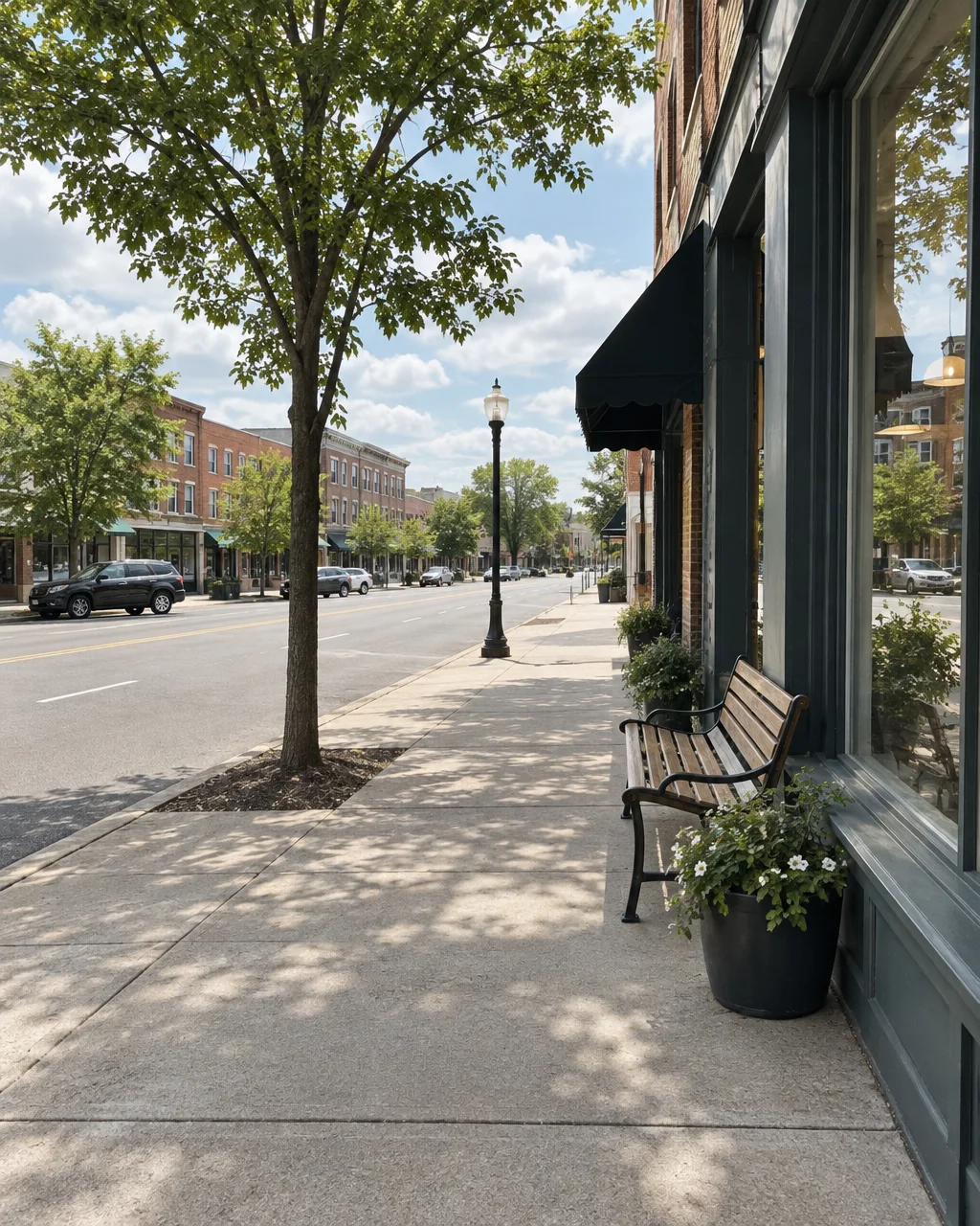 A wooden bench and potted flowers rest along a quiet, tree-lined downtown sidewalk bathed in dappled afternoon sunlight.