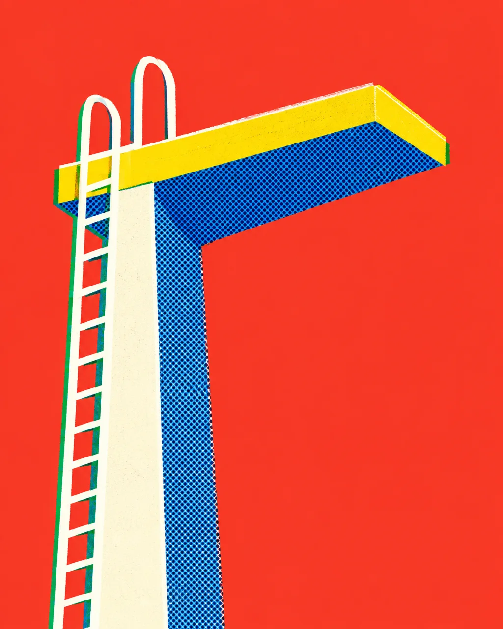 A graphic screenprint-style illustration of an architectural diving platform and ladder in bold primary colors against a vivid red background.