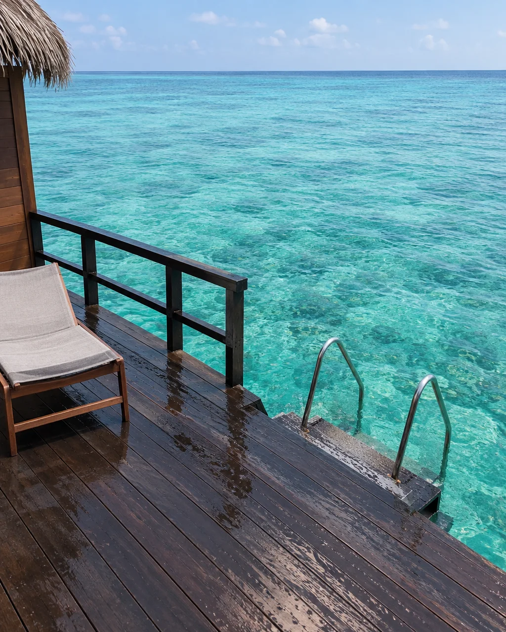 A wet wooden overwater bungalow deck with a lounge chair and steps leading straight into brilliant turquoise ocean water.