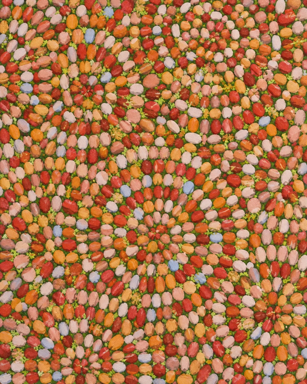 A textured abstract pattern of warm-toned pebbles and seeds arranged in dense, radiating concentric circles.