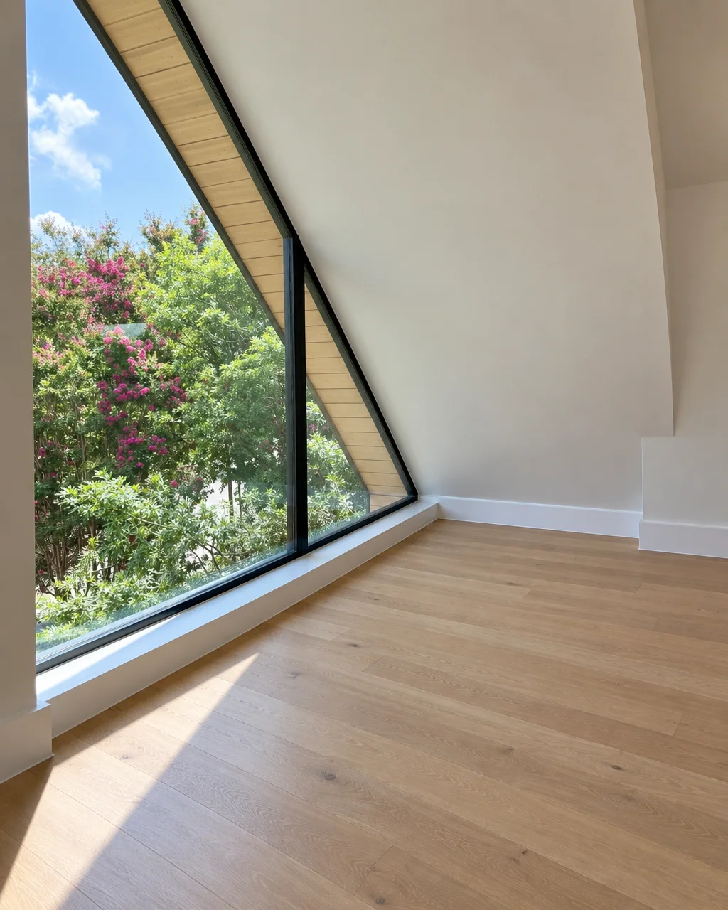 An empty room with pale oak floors and a large angular window overlooking flowering garden trees.