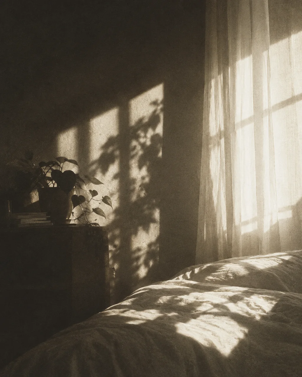 Sunlight filters through a sheer window curtain, casting dramatic plant shadows across a textured wall and an unmade bed.